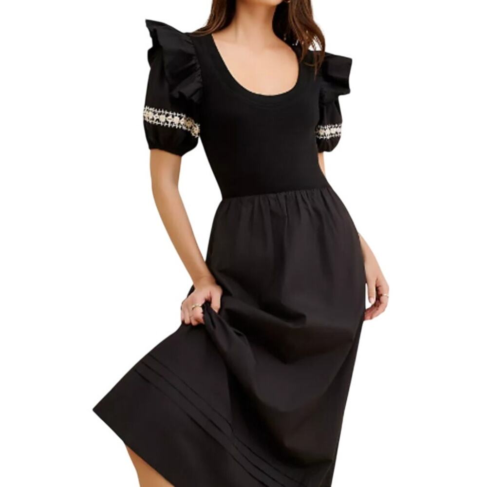 Cleobella Selma Midi Dress Ribbed Bodice Embroidered Puff Sleeve Size Medium MWT
